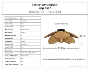 Urban Ambiance - Ceiling Light - UQL6570 Coastal Indoor Ceiling Light, 8.75''H x 22.00''W x 22.00''Dep, Matte Black Finish, Brea Collection - 