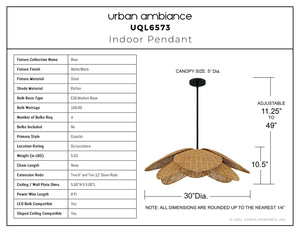 Urban Ambiance - Pendant - UQL6573 Coastal Indoor Pendant, 10.50''H x 30.00''W x 30.00''Dep, Matte Black Finish, Brea Collection - 