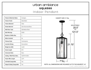Urban Ambiance - Pendant - UQL6580 Contemporary Indoor Pendant, 21.75''H x 7.00''W x 7.00''Dep, Matte Black Finish, Covington Collection - 
