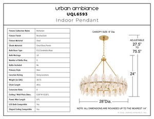 Urban Ambiance - Pendant - UQL6593 Glam Indoor Pendant, 24''H x 28''W x 28''Dep, Brushed Gold Finish, Rotherdon Collection - 