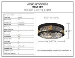 Urban Ambiance - Ceiling Light - UQL6650 Coastal Indoor Ceiling Light, 6.25''H x 15.75''W x 15.75''Dep, Matte Black Finish, Lancaster Collection - 