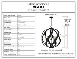 Urban Ambiance - Pendant - UQL6670 Industrial Indoor Pendant, 29.5''H x 26''W x 26''Dep, Earth Black Finish, Walsall Collection - 