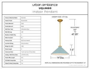 Urban Ambiance - Pendant - UQL6680 Mid - Century Modern Indoor Pendant, 7.5''H x 14''W x 14''Dep, Brushed Gold Finish, Netherfell Collection - 