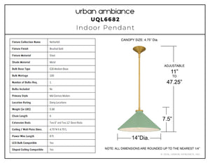 Urban Ambiance - Pendant - UQL6682 Mid - Century Modern Indoor Pendant, 7.5''H x 14''W x 14''Dep, Brushed Gold Finish, Netherfell Collection - 