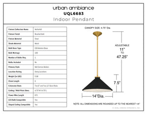 Urban Ambiance - Pendant - UQL6683 Mid - Century Modern Indoor Pendant, 7.5''H x 14''W x 14''Dep, Brushed Gold Finish, Netherfell Collection - 