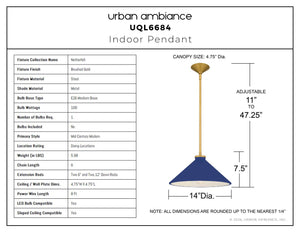 Urban Ambiance - Pendant - UQL6684 Mid - Century Modern Indoor Pendant, 7.5''H x 14''W x 14''Dep, Brushed Gold Finish, Netherfell Collection - 