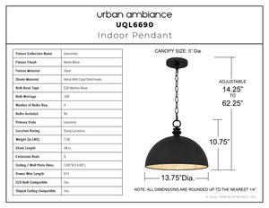 Urban Ambiance - Pendant - UQL6690 Industrial Indoor Pendant, 10.75''H x 13.75''W x 13.75''Dep, Matte Black Finish, Ashcombe Collection - 