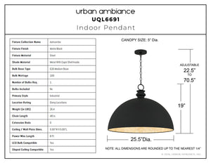 Urban Ambiance - Pendant - UQL6691 Industrial Indoor Pendant, 19''H x 25.5''W x 25.5''Dep, Matte Black Finish, Ashcombe Collection - 