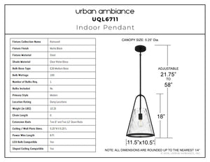Urban Ambiance - Pendant - UQL6711 Modern Indoor Pendant, 18''H x 11.5''W x 10.5''Dep, Matte Black Finish, Rainswell Collection - 