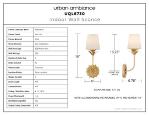 Urban Ambiance - Wall Sconce - UQL6730 Traditional Indoor Wall Sconce, 16''H x 6''W x 6.75''Dep, Gold Leaf Finish, Ambershaw Collection - 