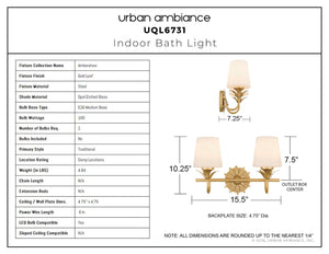Urban Ambiance - Bath Light - UQL6731 Traditional Indoor Bath Light, 10.25''H x 15.5''W x 7.25''Dep, Gold Leaf Finish, Ambershaw Collection - 