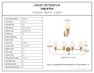 Urban Ambiance - Bath Light - UQL6734 Traditional Indoor Bath Light, 10.25''H x 32''W x 7.25''Dep, Gold Leaf Finish, Ambershaw Collection - 