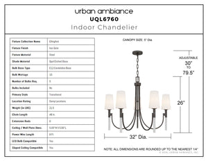 Urban Ambiance - Chandelier - UQL6760 Transitional Indoor Chandelier, 26''H x 32''W x 32''Dep, Iron Gate Finish, Ellingford Collection - 