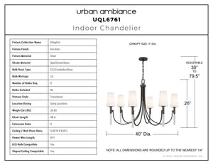 Urban Ambiance - Chandelier - UQL6761 Transitional Indoor Chandelier, 26''H x 40''W x 40''Dep, Iron Gate Finish, Ellingford Collection - 