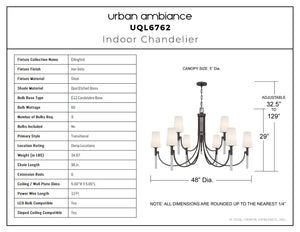 Urban Ambiance - Chandelier - UQL6762 Transitional Indoor Chandelier, 29''H x 48''W x 48''Dep, Iron Gate Finish, Ellingford Collection - 