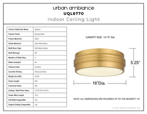 Urban Ambiance - Ceiling Light - UQL6770 Art Deco Indoor Ceiling Light, 5.25''H x 16''W x 16''Dep, Brushed Gold Finish, Islebury Collection - 