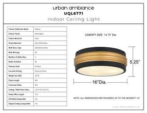 Urban Ambiance - Ceiling Light - UQL6771 Art Deco Indoor Ceiling Light, 5.25''H x 16''W x 16''Dep, Matte Black Finish, Islebury Collection - 