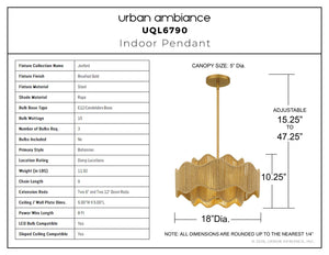 Urban Ambiance - Pendant - UQL6790 Bohemian Indoor Pendant, 10.25''H x 18.25''W x 18.25''Dep, Brushed Gold Finish, Jexford Collection - 