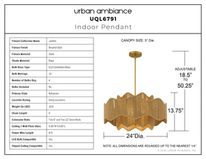 Urban Ambiance - Pendant - UQL6791 Bohemian Indoor Pendant, 13.75''H x 24.25''W x 24.25''Dep, Brushed Gold Finish, Jexford Collection - 