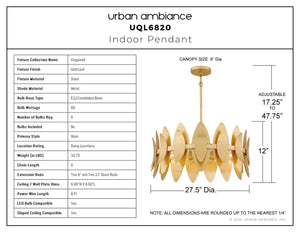 Urban Ambiance - Pendant - UQL6820 Glam Indoor Pendant, 12''H x 27.5''W x 27.5''Dep, Gold Leaf Finish, Kingswell Collection - 