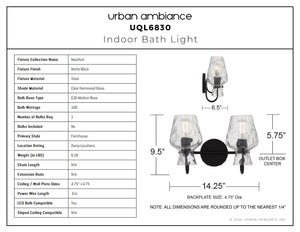 Urban Ambiance - Bath Light - UQL6830 Farmhouse Indoor Bath Light, 9.5''H x 14.25''W x 6.5''Dep, Matte Black Finish, Moorford Collection - 