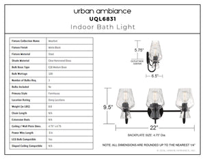 Urban Ambiance - Bath Light - UQL6831 Farmhouse Indoor Bath Light, 9.5''H x 22''W x 6.5''Dep, Matte Black Finish, Moorford Collection - 