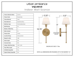 Urban Ambiance - Wall Sconce - UQL6840 Classic Indoor Wall Sconce, 15.75''H x 5.25''W x 6.5''Dep, Brushed Gold Finish, Quenton Collection - 