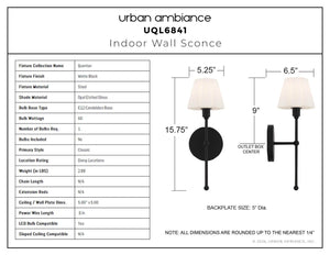 Urban Ambiance - Wall Sconce - UQL6841 Classic Indoor Wall Sconce, 15.75''H x 5.25''W x 6.5''Dep, Matte Black Finish, Quenton Collection - 