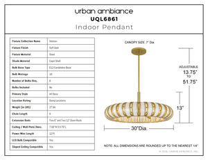 Urban Ambiance - Pendant - UQL6861 Art Deco Indoor Pendant, 13.5''H x 30''W x 30''Dep, Soft Gold Finish, Velston Collection - 