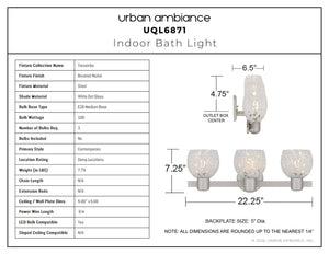 Urban Ambiance - Bath Light - UQL6871 Contemporary Indoor Bath Light, 7.25''H x 22.25''W x 6.5''Dep, Brushed Nickel Finish, Yarcombe Collection - 