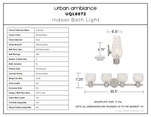 Urban Ambiance - Bath Light - UQL6872 Contemporary Indoor Bath Light, 7.25''H x 30.5''W x 6.5''Dep, Brushed Nickel Finish, Yarcombe Collection - 