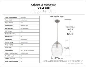 Urban Ambiance - Pendant - UQL6880 Contemporary Indoor Pendant, 13.5''H x 10''W x 10''Dep, Brushed Nickel Finish, Northbridge Collection - 