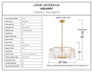 Urban Ambiance - Pendant - UQL6901 Glam Indoor Pendant, 15''H x 24''W x 24''Dep, Brushed Gold Finish, Mornley Collection - 
