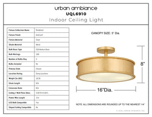 Urban Ambiance - Ceiling Light - UQL6910 Classic Indoor Ceiling Light, 8''H x 16''W x 16''Dep, Gold Leaf Finish, Rindleford Collection - 