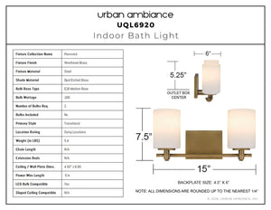 Urban Ambiance - Bath Light - UQL6920 Transitional Indoor Bath Light, 7.5''H x 15''W x 6''Dep, Weathered Brass Finish, Pennwick Collection - 