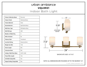 Urban Ambiance - Bath Light - UQL6921 Transitional Indoor Bath Light, 7.5''H x 24''W x 6''Dep, Weathered Brass Finish, Pennwick Collection - 