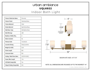 Urban Ambiance - Bath Light - UQL6922 Transitional Indoor Bath Light, 7.5''H x 32''W x 6''Dep, Weathered Brass Finish, Pennwick Collection - 
