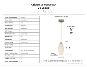 Urban Ambiance - Pendant - UQL6930 Contemporary Indoor Pendant, 13.75''H x 5''W x 5''Dep, Brushed Nickel Finish, Starmere Collection - 