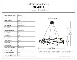 Urban Ambiance - Pendant - UQL6943 Glam Indoor Pendant, 8.5''H x 32''W x 32''Dep, Matte Black Finish, Netherby Collection - 