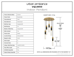 Urban Ambiance - Pendant - UQL6950 Modern Indoor Pendant, 12.75''H x 16''W x 16''Dep, Brushed Gold Finish, Drayham Collection - 