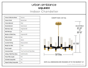 Urban Ambiance - Chandelier - UQL6951 Modern Indoor Chandelier, 17.75''H x 32''W x 32''Dep, Brushed Gold Finish, Drayham Collection - 