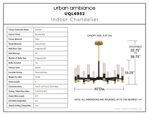 Urban Ambiance - Chandelier - UQL6952 Modern Indoor Chandelier, 19.25''H x 40''W x 40''Dep, Brushed Gold Finish, Drayham Collection - 
