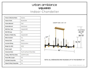 Urban Ambiance - Chandelier - UQL6953 Modern Indoor Chandelier, 16.75''H x 44''W x 17''Dep, Brushed Gold Finish, Drayham Collection - 