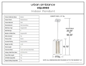 Urban Ambiance - Pendant - UQL6960 Modern Indoor Pendant, 16.75''H x 8''W x 8''Dep, Polished Chrome Finish, Menden Collection - 