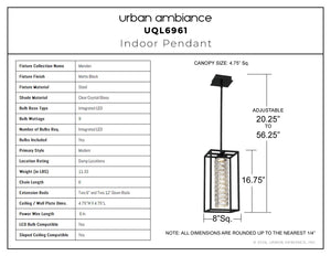 Urban Ambiance - Pendant - UQL6961 Modern Indoor Pendant, 16.75''H x 8''W x 8''Dep, Matte Black Finish, Menden Collection - 