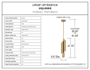 Urban Ambiance - Pendant - UQL6980 Modern Indoor Pendant, 21.75''H x 5.5''W x 5.5''Dep, Brushed Gold Finish, Ulverton Collection - 