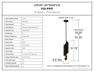 Urban Ambiance - Pendant - UQL6981 Modern Indoor Pendant, 21.75''H x 5.5''W x 5.5''Dep, Matte Black Finish, Ulverton Collection - 