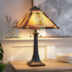 Urban Ambiance - Table Lamp - UQL7034 Saffron Tiffany Table Lamp with Craftsman Style, 25''H x 15''W, Valiant Bronze and Stained Glass - 