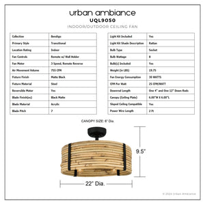 Urban Ambiance - Ceiling Fan - UQL9050 Natural Indoor Ceiling Fan, 9.5''H x 22''W x 22''D, Matte Black Finish, Bendigo Collection - 
