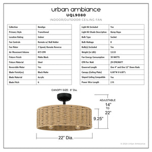 Urban Ambiance - Ceiling Fan - UQL9080 Natural Indoor Ceiling Fan, 9.25''H x 22.00''W x 22.00''D, Matte Black Finish, Bendigo Collection - 
